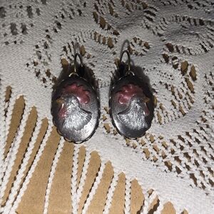 Chicken Rooster Cameo Earrings In A Bronze Setting Frame